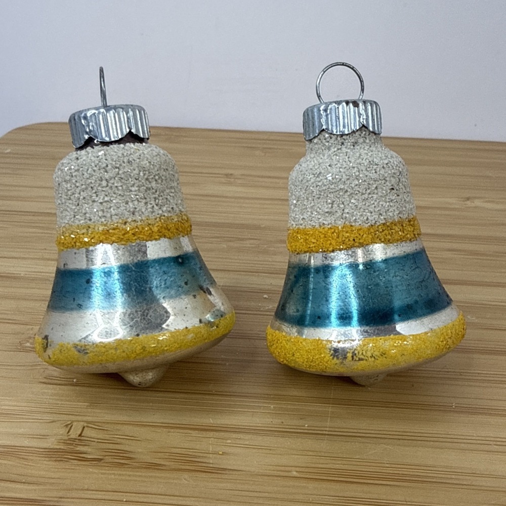 VTG SHINY BRITE Ornament Striped Mica Bell Glass‎ Yellow Green Glitter 2" Set 2